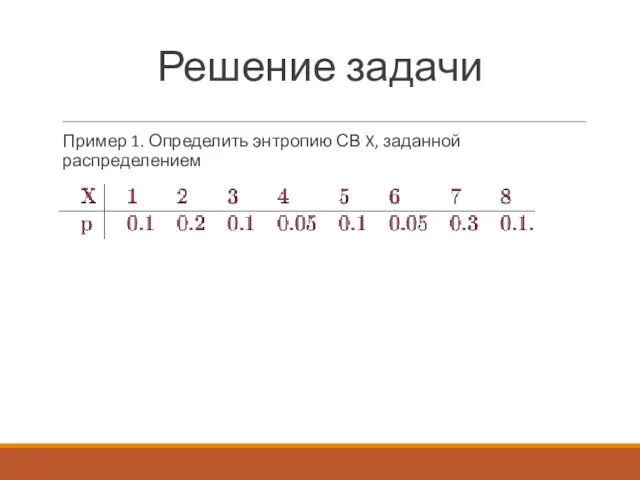 Решение задачи Пример 1. Определить энтропию СВ X, заданной распределением