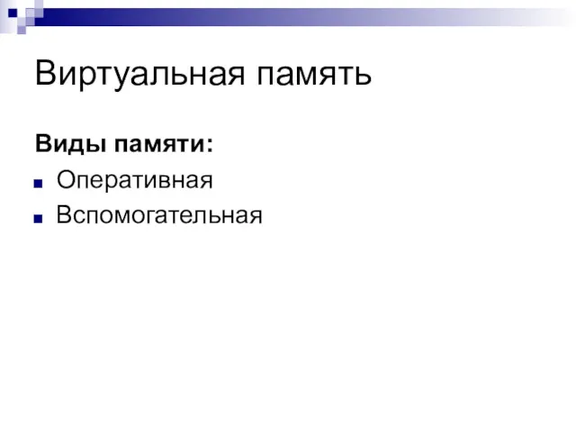 Виртуальная память Виды памяти: Оперативная Вспомогательная