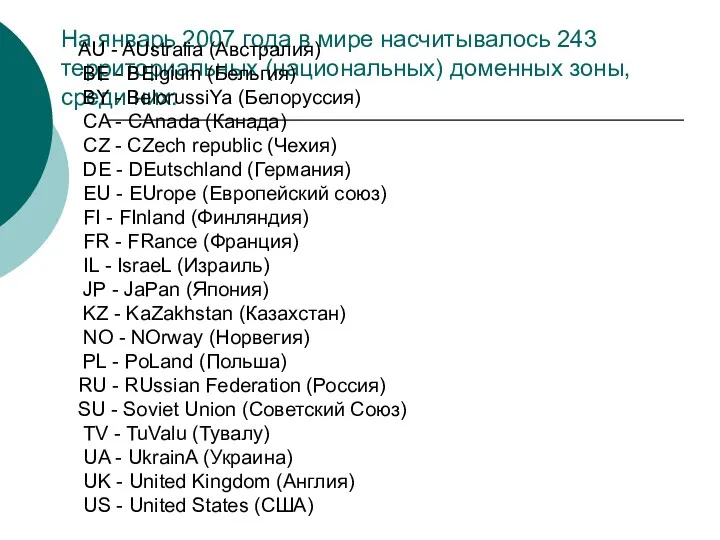 На январь 2007 года в мире насчитывалось 243 территориальных (национальных)