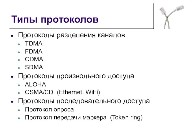 Типы протоколов Протоколы разделения каналов TDMA FDMA CDMA SDMA Протоколы