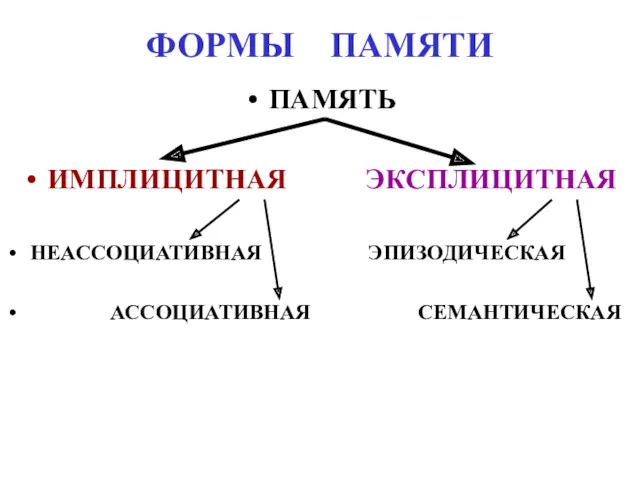 ФОРМЫ ПАМЯТИ ПАМЯТЬ ИМПЛИЦИТНАЯ ЭКСПЛИЦИТНАЯ НЕАССОЦИАТИВНАЯ ЭПИЗОДИЧЕСКАЯ АССОЦИАТИВНАЯ СЕМАНТИЧЕСКАЯ