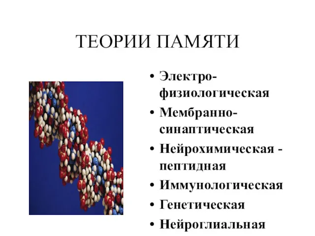 ТЕОРИИ ПАМЯТИ Электро-физиологическая Мембранно-синаптическая Нейрохимическая - пептидная Иммунологическая Генетическая Нейроглиальная