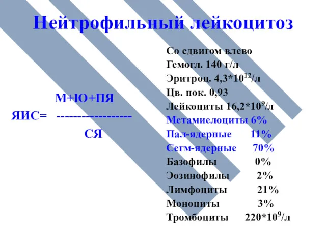 Нейтрофильный лейкоцитоз М+Ю+ПЯ ЯИС= ------------------ СЯ Со сдвигом влево Гемогл.