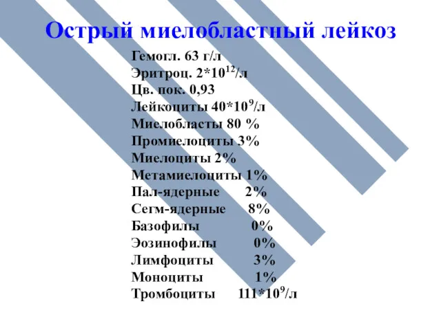 Острый миелобластный лейкоз Гемогл. 63 г/л Эритроц. 2*1012/л Цв. пок.