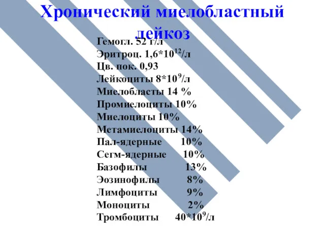 Хронический миелобластный лейкоз Гемогл. 52 г/л Эритроц. 1,6*1012/л Цв. пок.