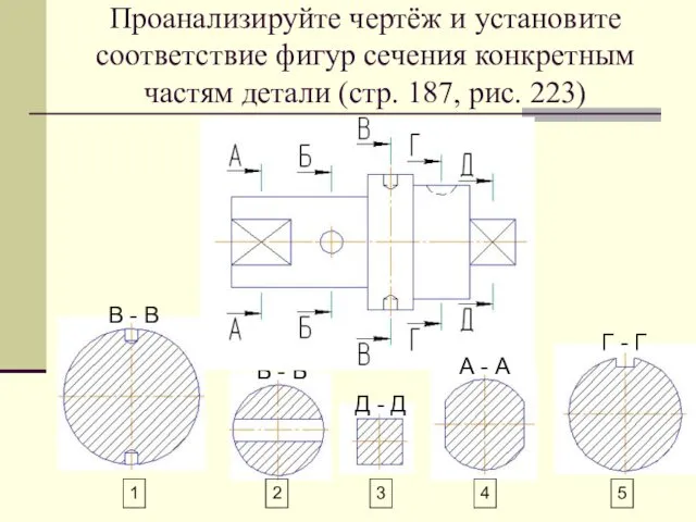 Проанализируйте чертёж и установите соответствие фигур сечения конкретным частям детали