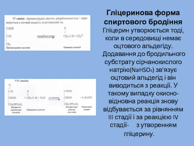 Гліцеринова форма спиртового бродіння Гліцерин утворюється тоді, коли в середовищі