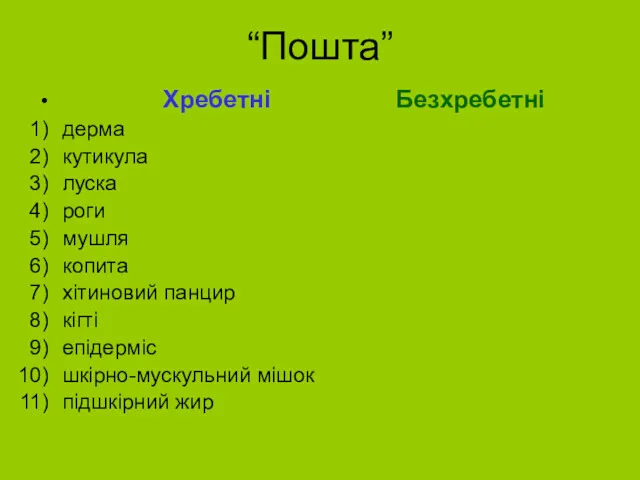 “Пошта” Хребетні Безхребетні дерма кутикула луска роги мушля копита хітиновий