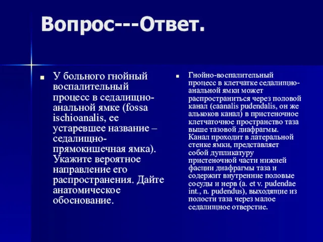 Вопрос---Ответ. У больного гнойный воспалительный процесс в седалищно-анальной ямке (fossa