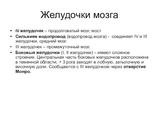 Желудочки мозга IV желудочек – продолговатый мозг, мост Сильвиев водопровод