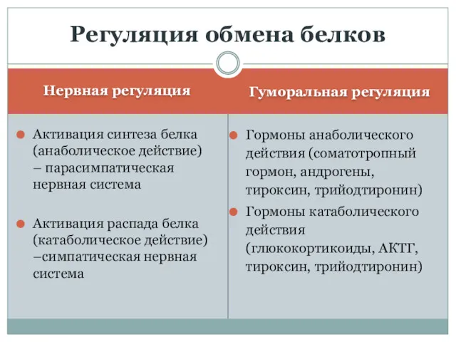 Нервная регуляция Гуморальная регуляция Активация синтеза белка (анаболическое действие) –