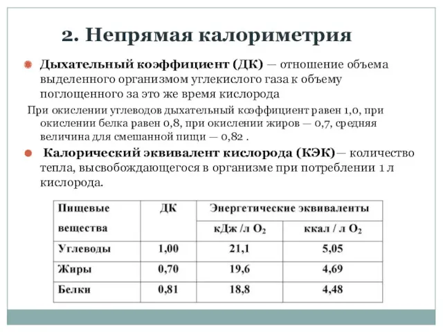 2. Непрямая калориметрия Дыхательный коэффициент (ДК) — отношение объема выделенного