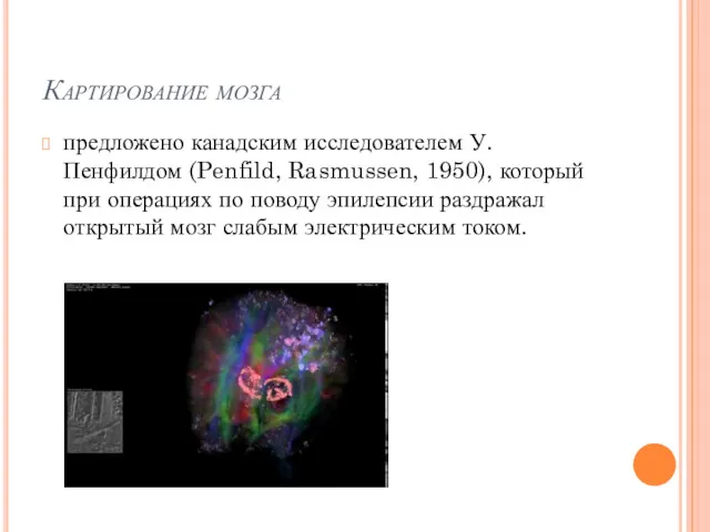 Картирование мозга предложено канадским исследователем У. Пенфилдом (Penfild, Rasmussen, 1950),