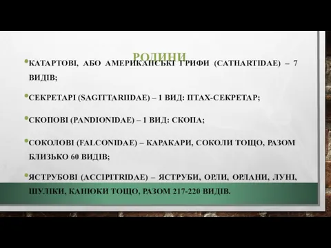 РОДИНИ КАТАРТОВІ, АБО АМЕРИКАНСЬКІ ГРИФИ (CATHARTIDAE) – 7 ВИДІВ; СЕКРЕТАРІ