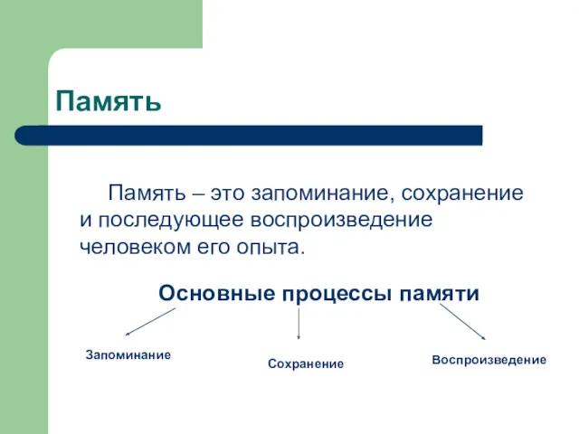 Память Память – это запоминание, сохранение и последующее воспроизведение человеком его опыта. Основные