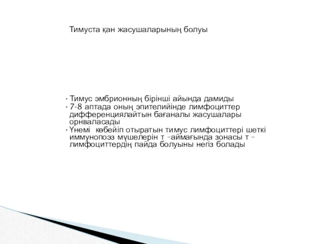 Тимуста қан жасушаларының болуы Тимус эмбрионның бірінші айында дамиды 7-8 аптада оның эпителийінде