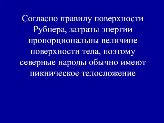 Согласно правилу поверхности Рубнера, затраты энергии пропорциональны величине поверхности тела,