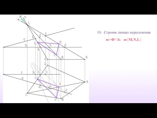 10. Строим линию пересечения m≡Ф∩δ; m{M,N,L}