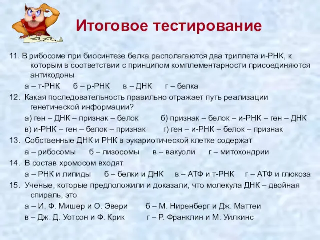 Итоговое тестирование 11. В рибосоме при биосинтезе белка располагаются два