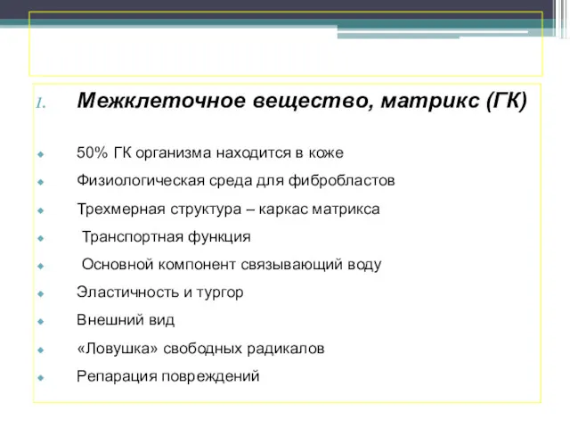 Межклеточное вещество, матрикс (ГК) 50% ГК организма находится в коже