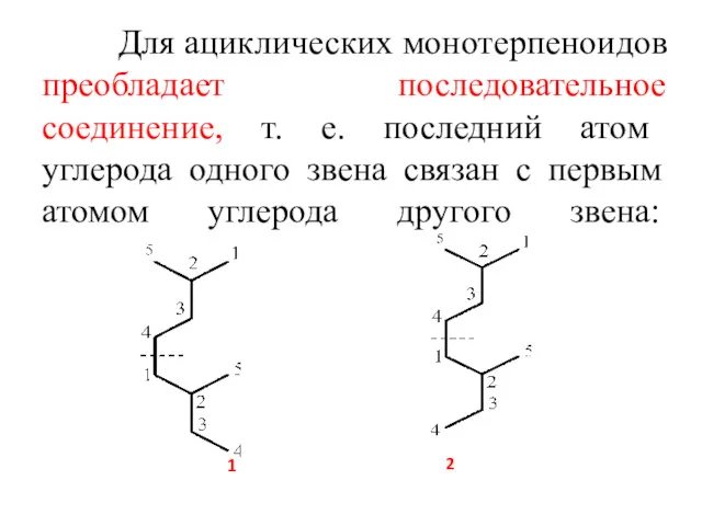 Для ациклических монотерпеноидов преобладает последовательное соединение, т. е. последний атом