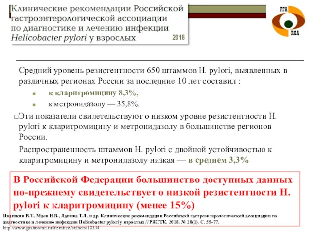 Средний уровень резистентности 650 штаммов Н. pylori, выявленных в различных