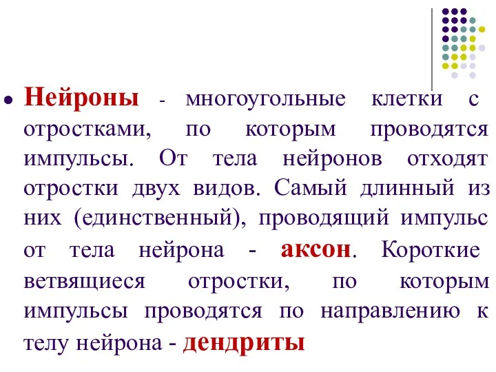 Нейроны - многоугольные клетки с отростками, по которым проводятся импульсы. От тела нейронов