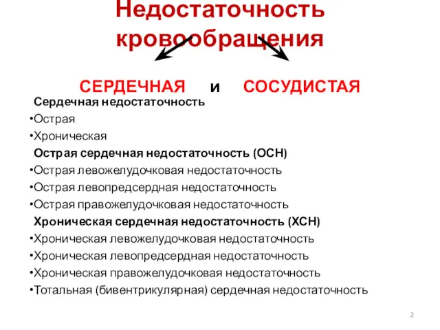 Недостаточность кровообращения СЕРДЕЧНАЯ и СОСУДИСТАЯ Сердечная недостаточность Острая Хроническая Острая