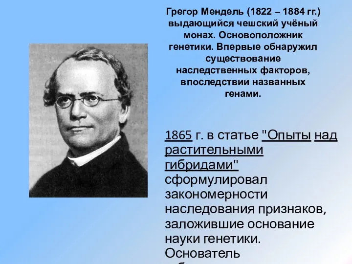 Грегор Мендель (1822 – 1884 гг.) выдающийся чешский учёный монах.