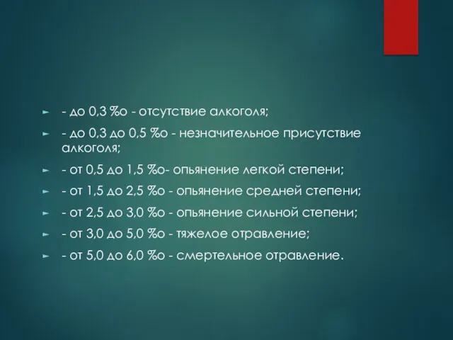 - до 0,3 %о - отсутствие алкоголя; - до 0,3 до 0,5 %о