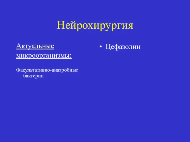 Нейрохирургия Актуальные микроорганизмы: Факультативно-анаэробные бактерии Цефазолин