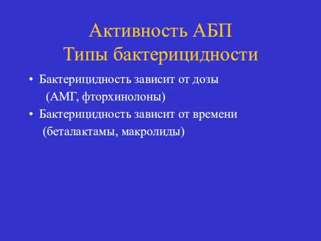 Активность АБП Типы бактерицидности Бактерицидность зависит от дозы (АМГ, фторхинолоны) Бактерицидность зависит от времени (беталактамы, макролиды)