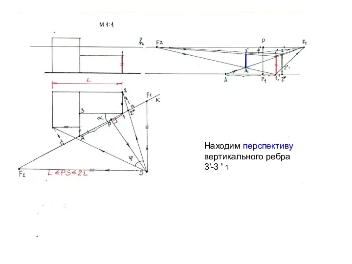 Находим перспективу вертикального ребра 3'-3 ' 1 ' ' ' ' ' ' 2'1