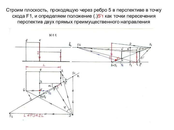 Строим плоскость, проходящую через ребро 5 в перспективе в точку