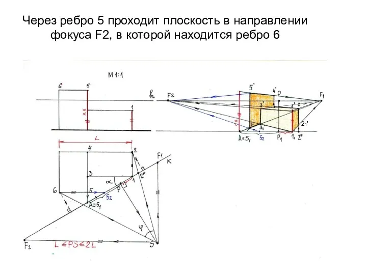 Через ребро 5 проходит плоскость в направлении фокуса F2, в