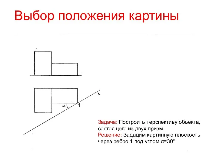 Выбор положения картины Задача: Построить перспективу объекта, состоящего из двух