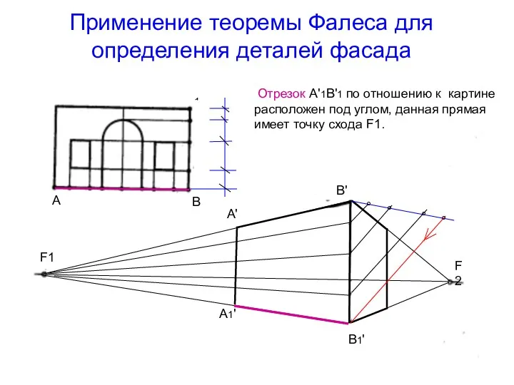 Применение теоремы Фалеса для определения деталей фасада Отрезок А'1В'1 по