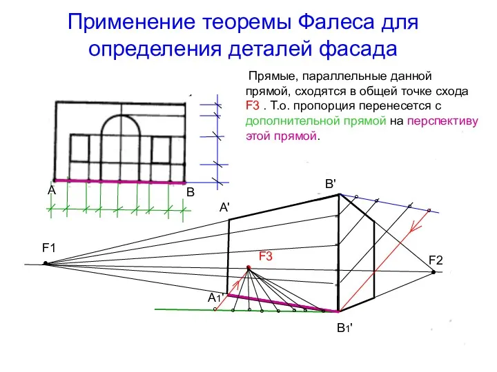 Применение теоремы Фалеса для определения деталей фасада Прямые, параллельные данной