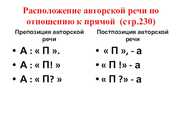 Расположение авторской речи по отношению к прямой (стр.230) Препозиция авторской