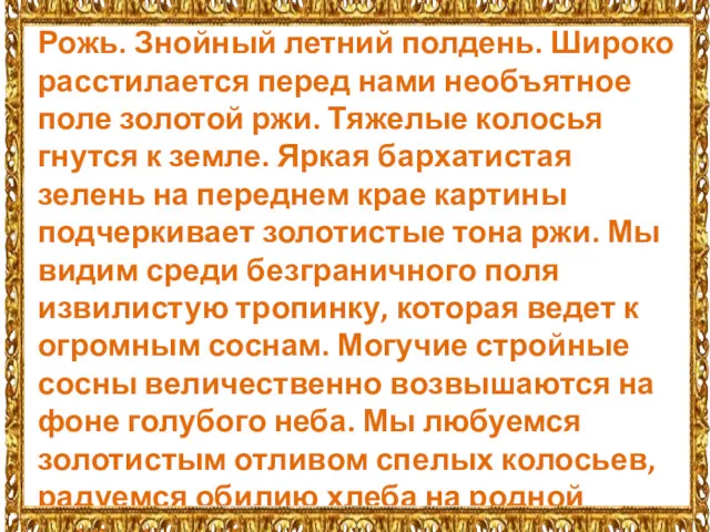 Рожь. Знойный летний полдень. Широко расстилается перед нами необъятное поле