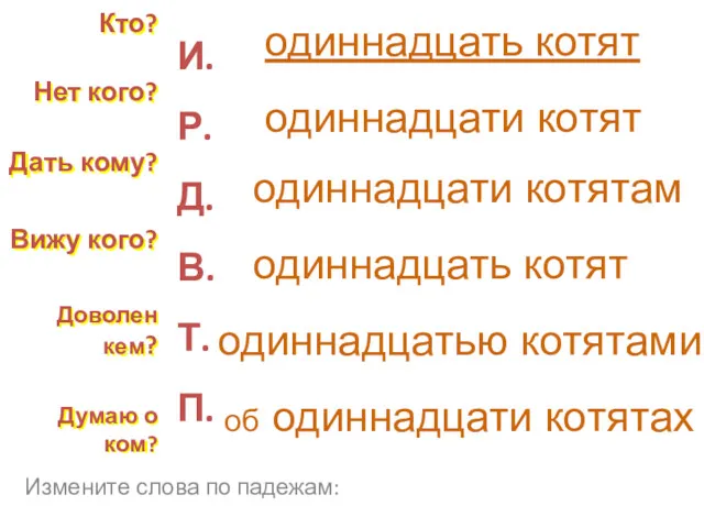 Измените слова по падежам: Кто? Нет кого? Дать кому? Вижу кого? Доволен кем?