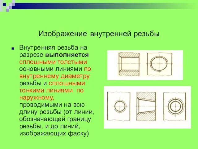 Изображение внутренней резьбы Внутренняя резьба на разрезе выполняется сплошными толстыми