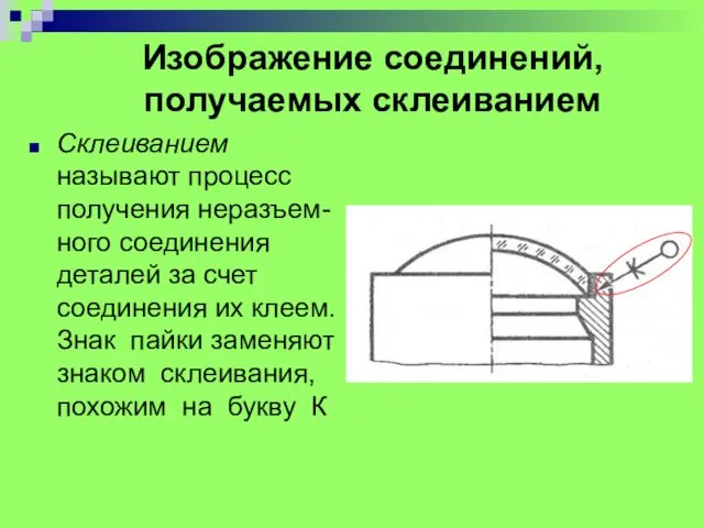 Изображение соединений, получаемых склеиванием Склеиванием называют процесс получения неразъем- ного