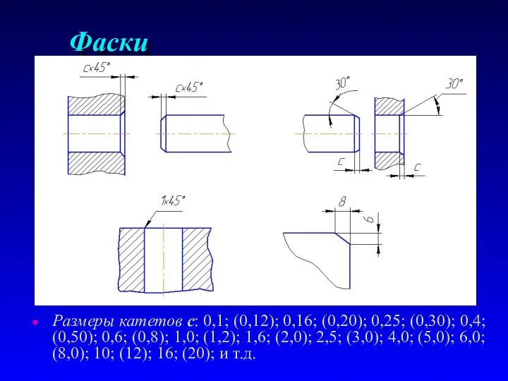 Фаски Размеры катетов с: 0,1; (0,12); 0,16; (0,20); 0,25; (0,30);