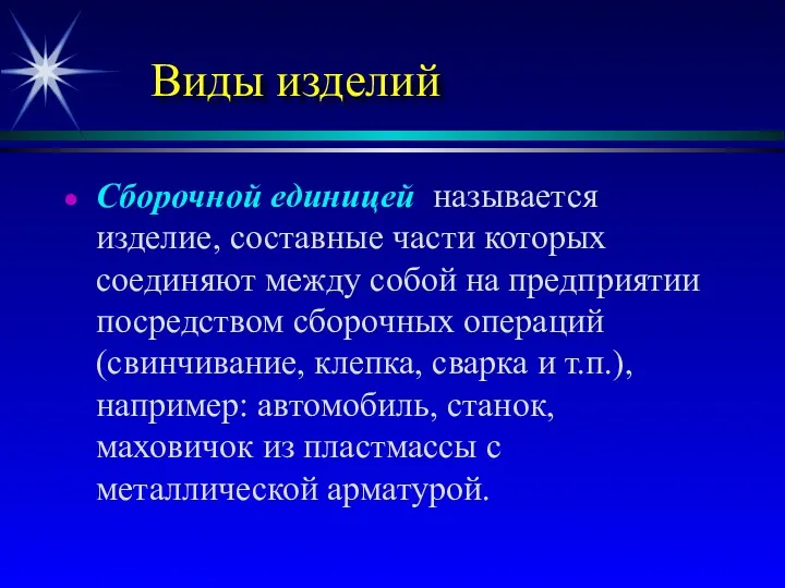 Виды изделий Сборочной единицей называется изделие, составные части которых соединяют