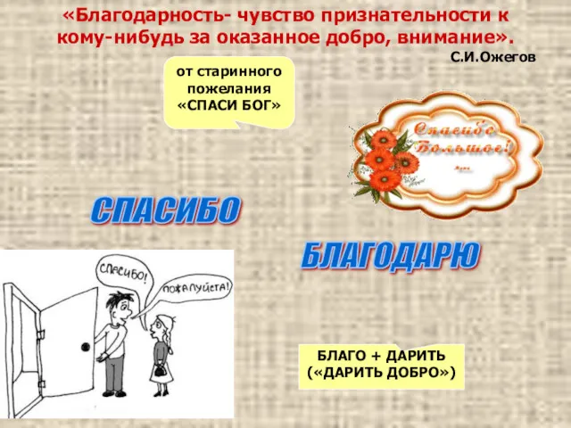 «Благодарность- чувство признательности к кому-нибудь за оказанное добро, внимание». С.И.Ожегов