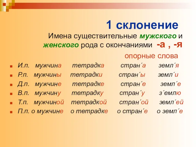 1 склонение Имена существительные мужского и женского рода с окончаниями