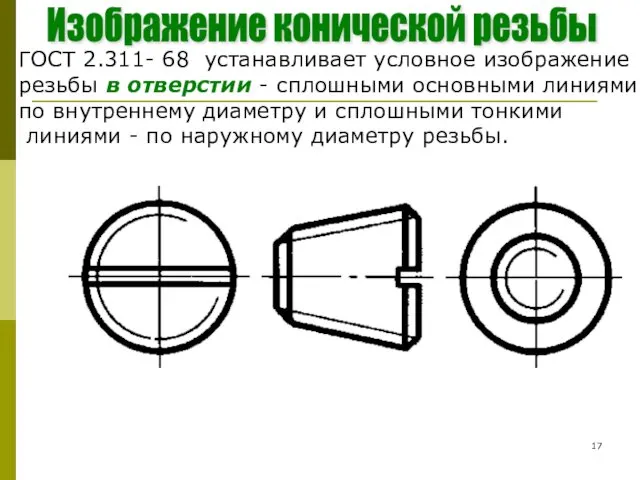 ГОСТ 2.311- 68 устанавливает условное изображение резьбы в отверстии -