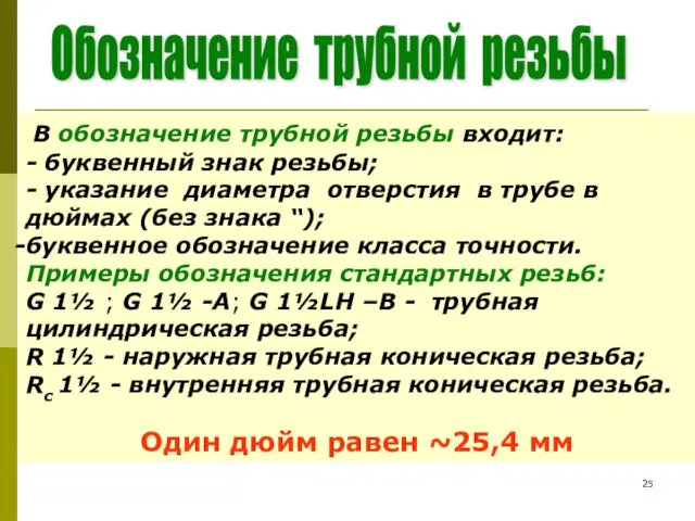 В обозначение трубной резьбы входит: - буквенный знак резьбы; -