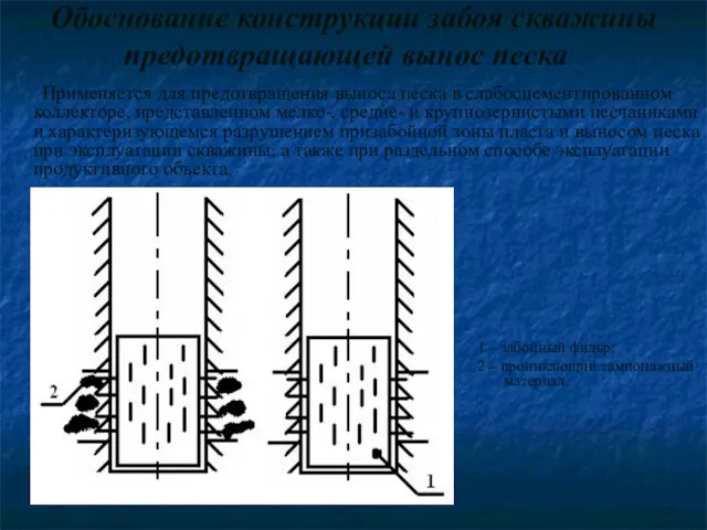 Обоснование конструкции забоя скважины предотвращающей вынос песка Применяется для предотвращения